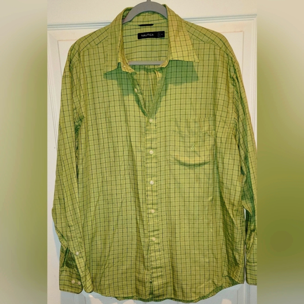Nautica Classic Fit Long Sleeve Green Subtle Check Button Down Shirt Size XL